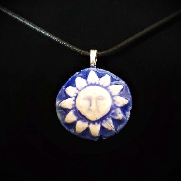 Handmade Ceramic Blue Sun Pendant Necklace, Sol Pendant - Picture 1 of 12